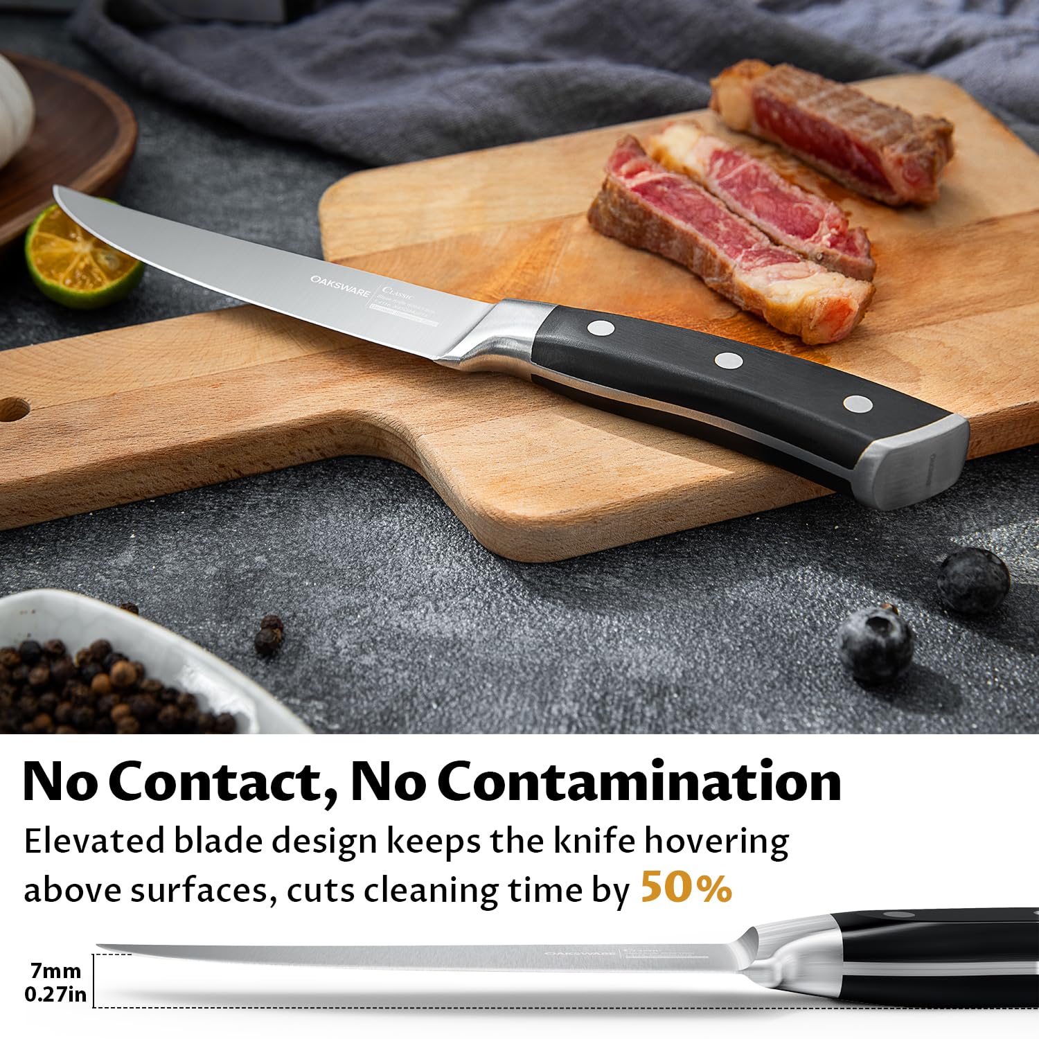 OAKSWARE 15-degree arc tip reduces wrist strain during slicing tasks.
