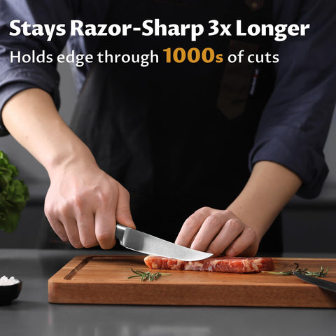 OAKSWARE 5-inch straight-edge steak knife close-up showing razor-sharp blade.