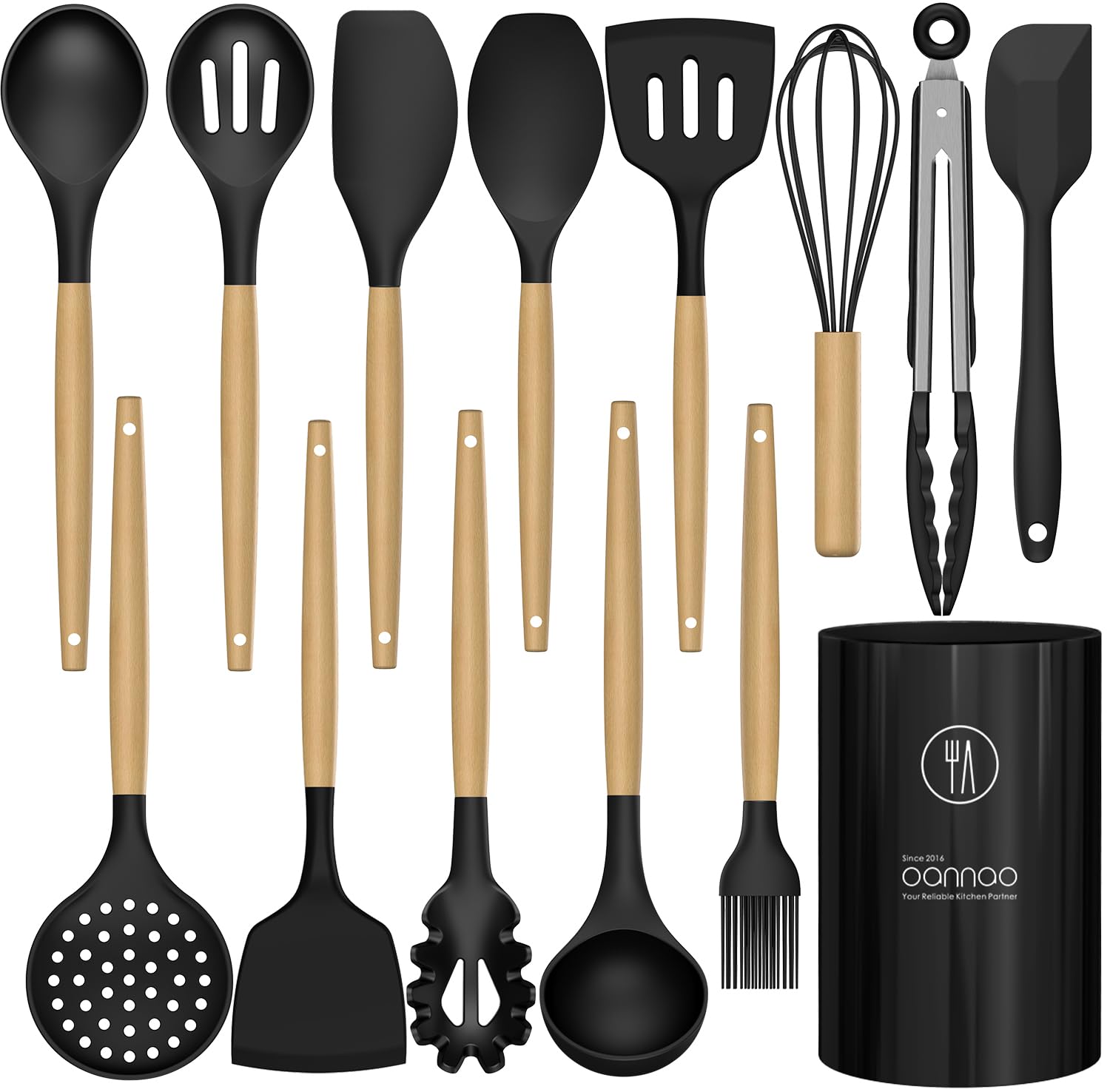 Oannao black silicone utensils with holder blend with modern kitchens.
