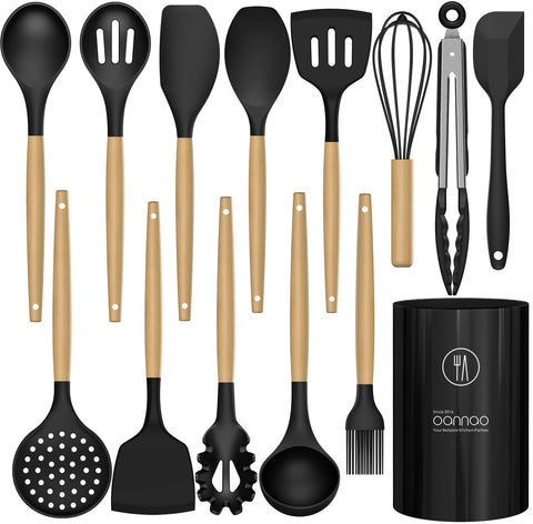 Oannao black silicone utensils with holder blend with modern kitchens.