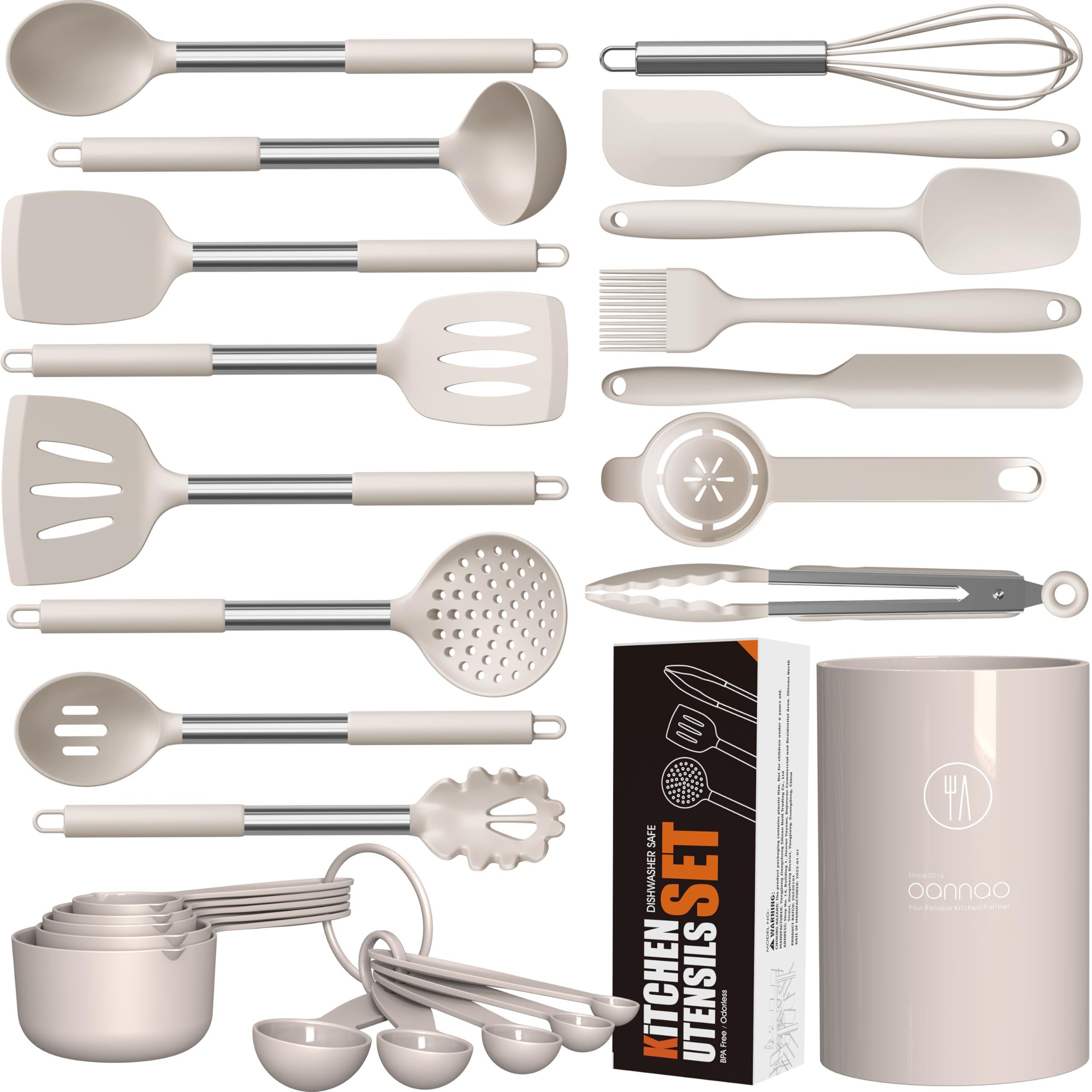 Oannao large silicone utensils set in khaki, heat-resistant for nonstick cookware use