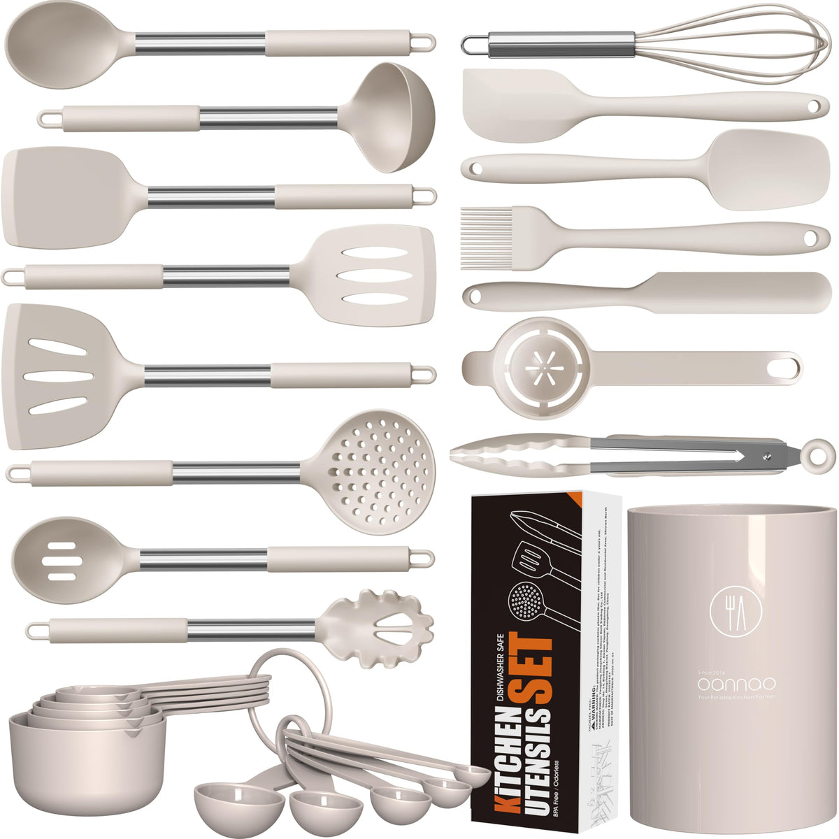 Oannao large silicone utensils set in khaki, heat-resistant for nonstick cookware use