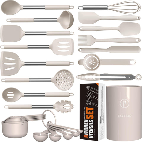 Oannao large silicone utensils set in khaki, heat-resistant for nonstick cookware use