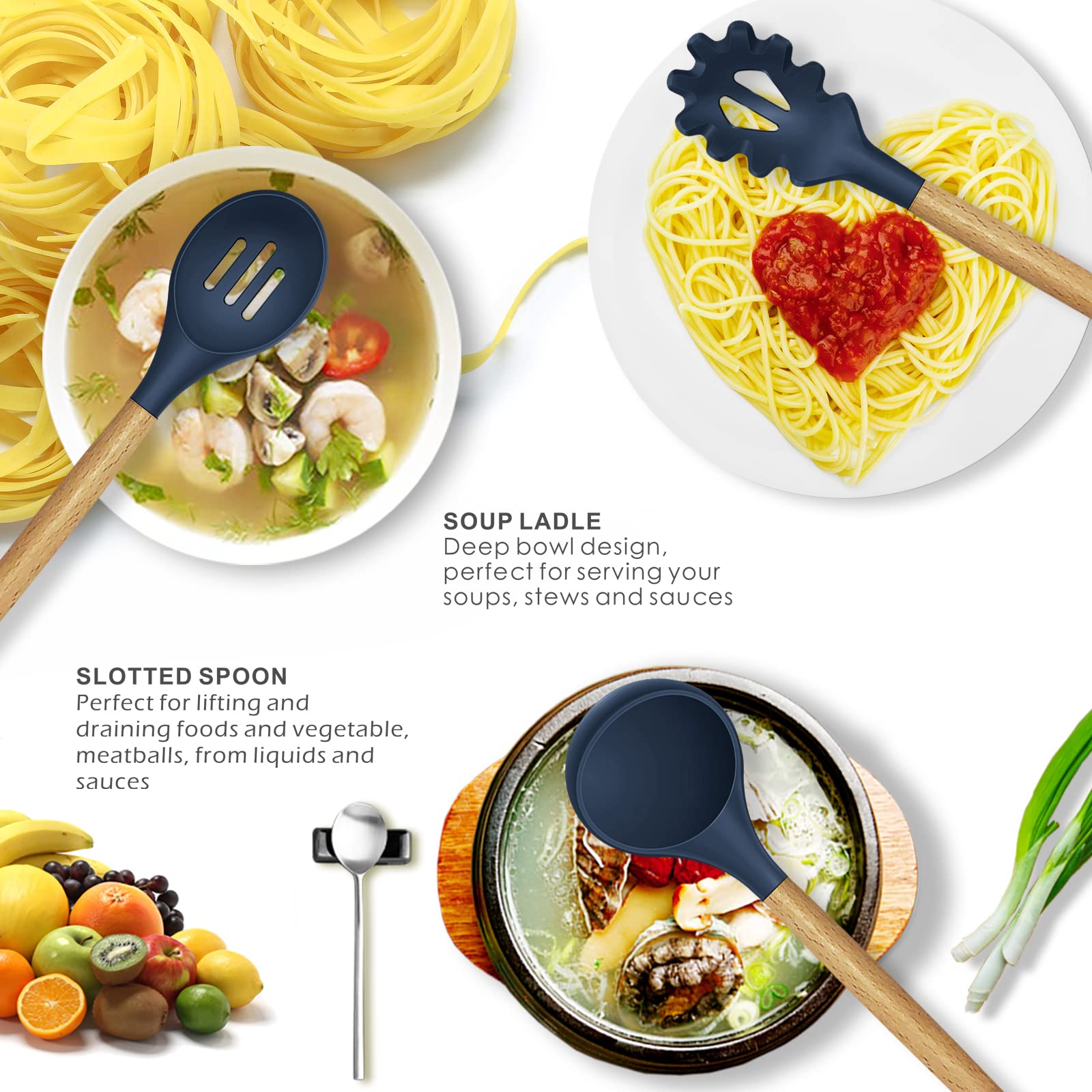 Oannao silicone utensils with wooden handles offer a comfortable grip during meals.