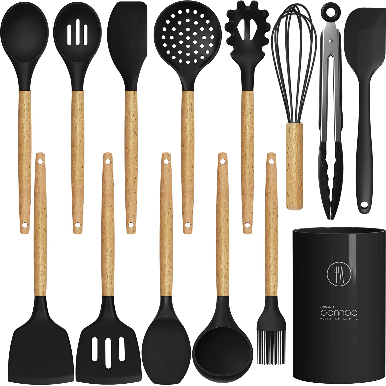 Oannao silicone utensils set with wooden handles for gentle nonstick cooking.