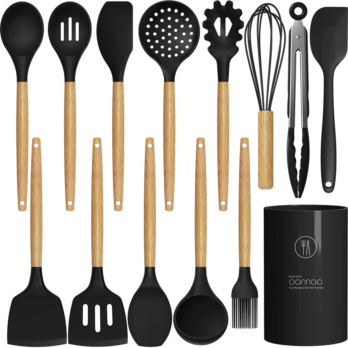 Oannao silicone utensils set with wooden handles for gentle nonstick cooking.