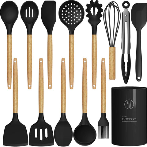 Oannao silicone utensils set with wooden handles for gentle nonstick cooking.