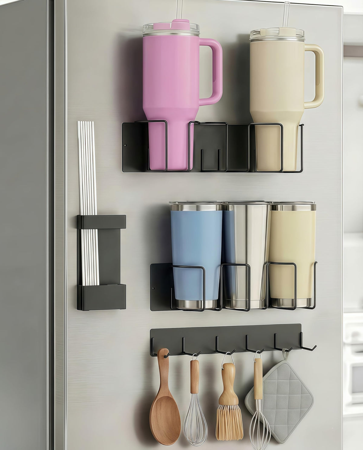 Oasis Origin magnetic cup holder on fridge keeps 40oz tumblers upright and secure.