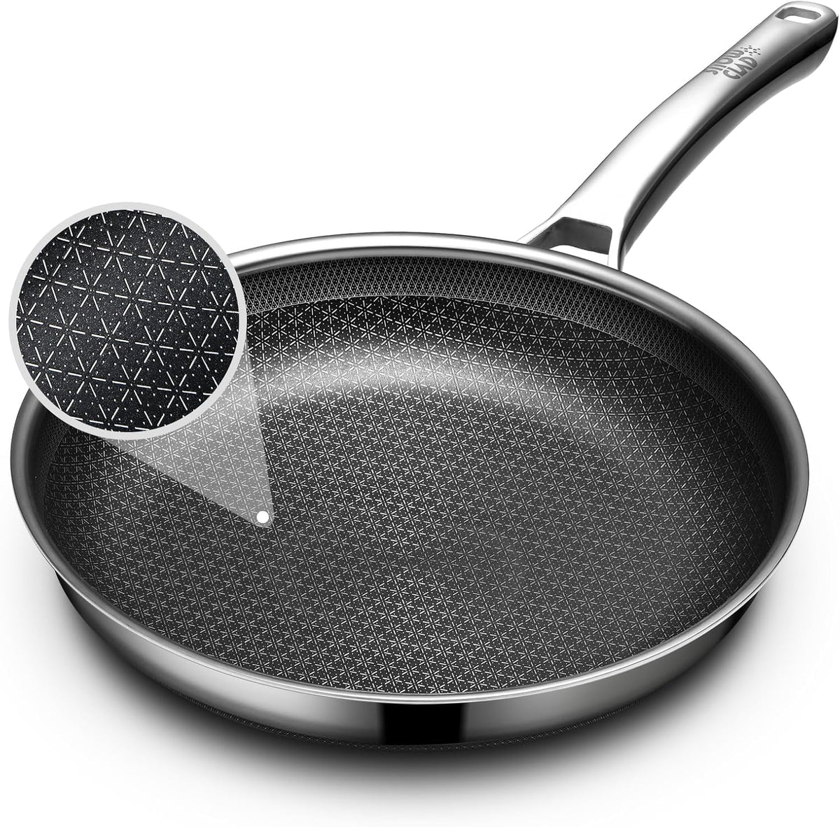 OATOFP 12-inch non-stick frying pan showing smooth release and sleek stainless steel body.
