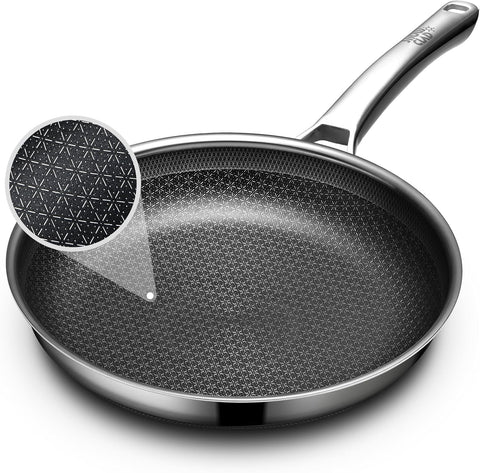 OATOFP 12-inch non-stick frying pan showing smooth release and sleek stainless steel body.