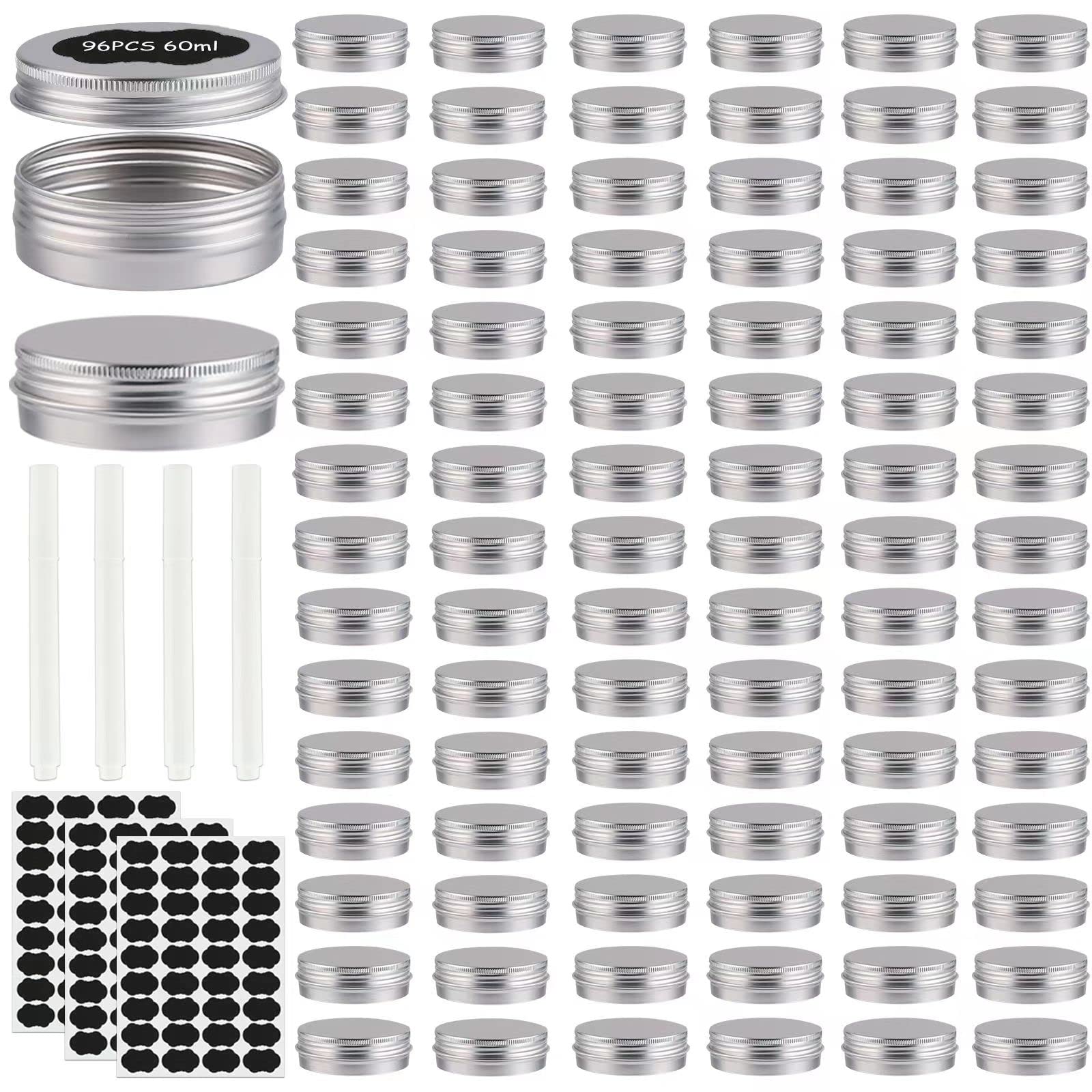 OBKJJ 96-pack round tin cans with screw lids in silver for DIY cosmetics and crafts.