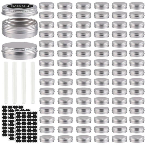 OBKJJ 96-pack round tin cans with screw lids in silver for DIY cosmetics and crafts.