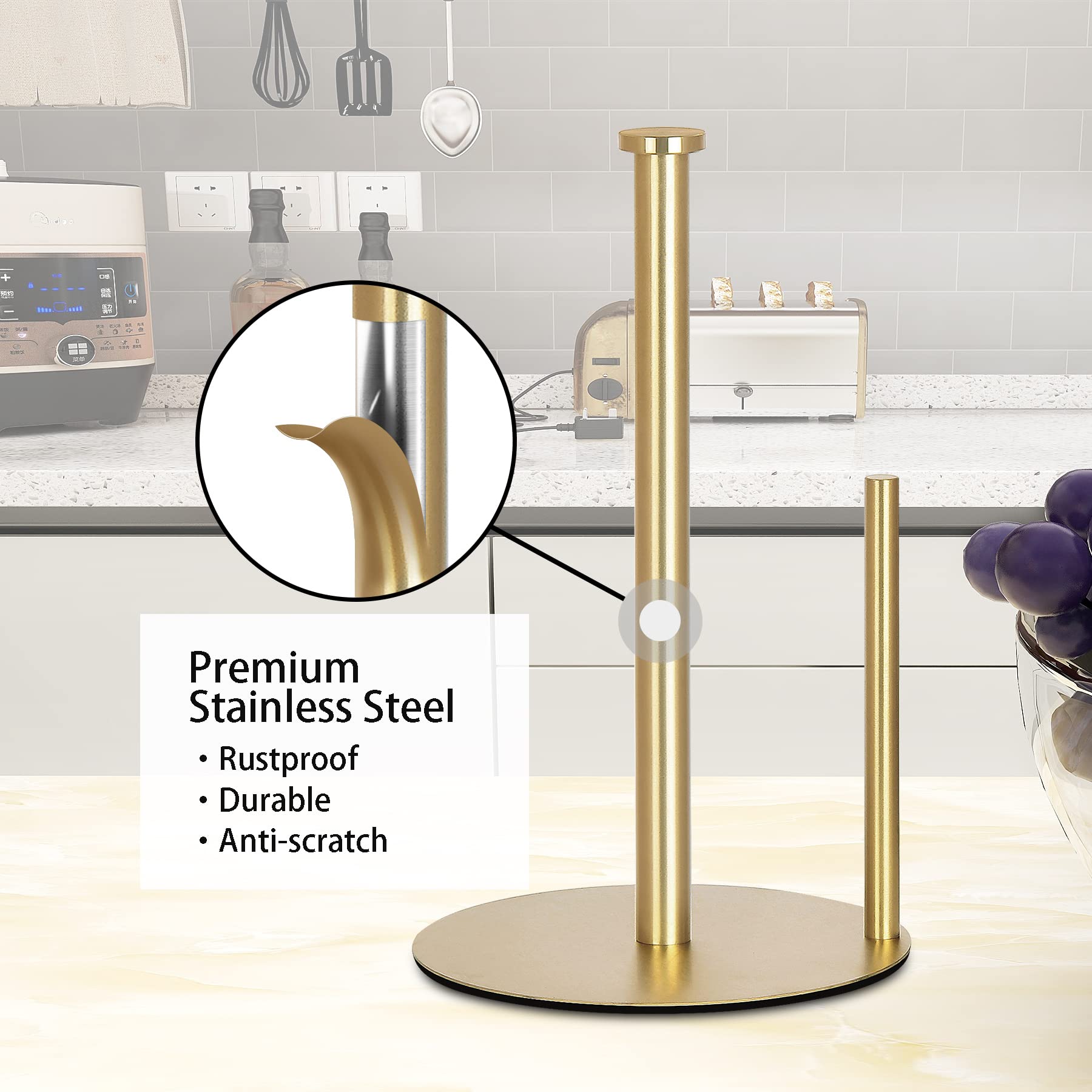 OBODING Gold Countertop Paper Towel Holder top cap enables easy carrying.