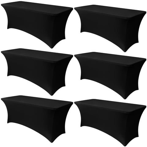 Obstal black stretch table cover on a 72x30x30 table for a seamless banquet setup