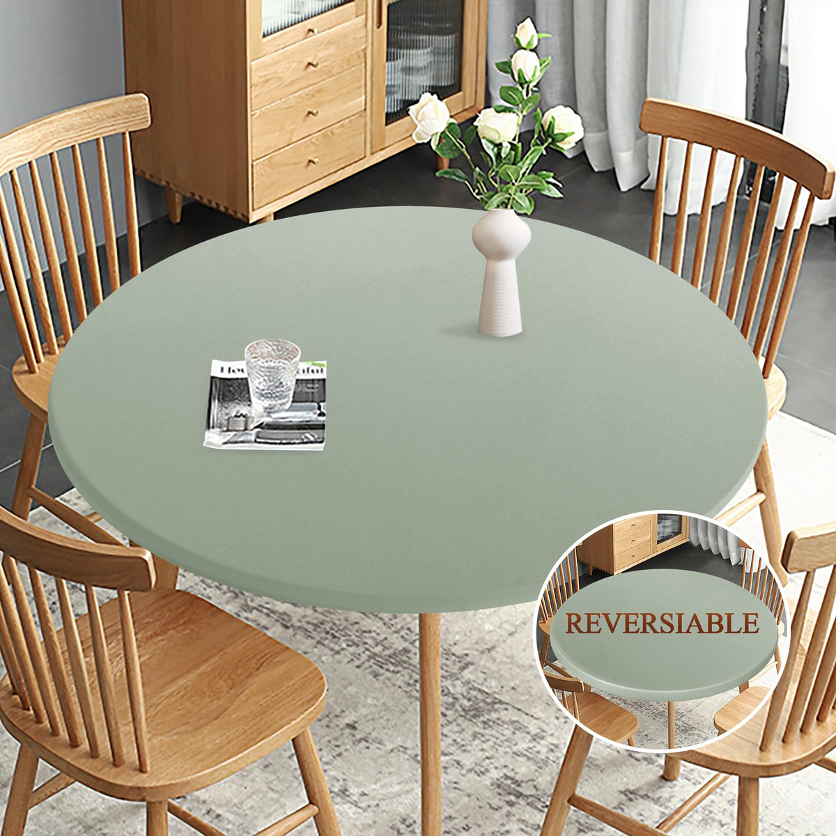 Obstal round tablecloth Sage Green on table for elegant dining.