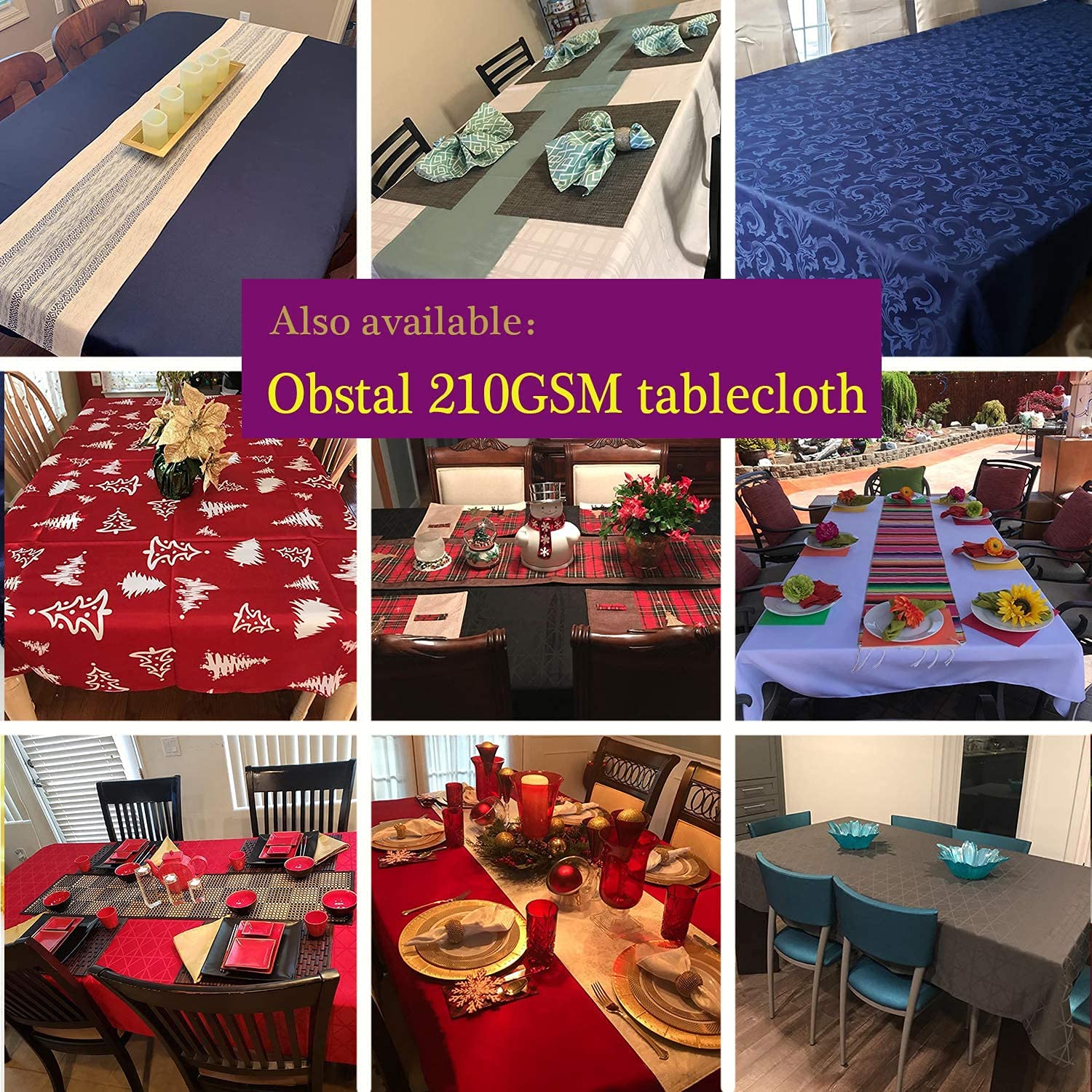 Obstal wrinkle-resistant navy tablecloth keeps tables neat between uses.