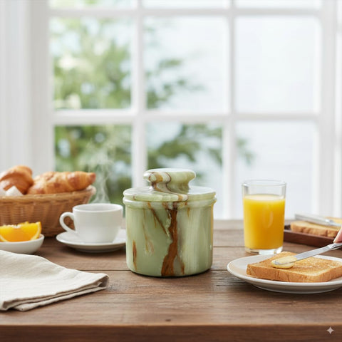 OceanicX Green Onyx Butter Keeper in hand shows compact countertop size.