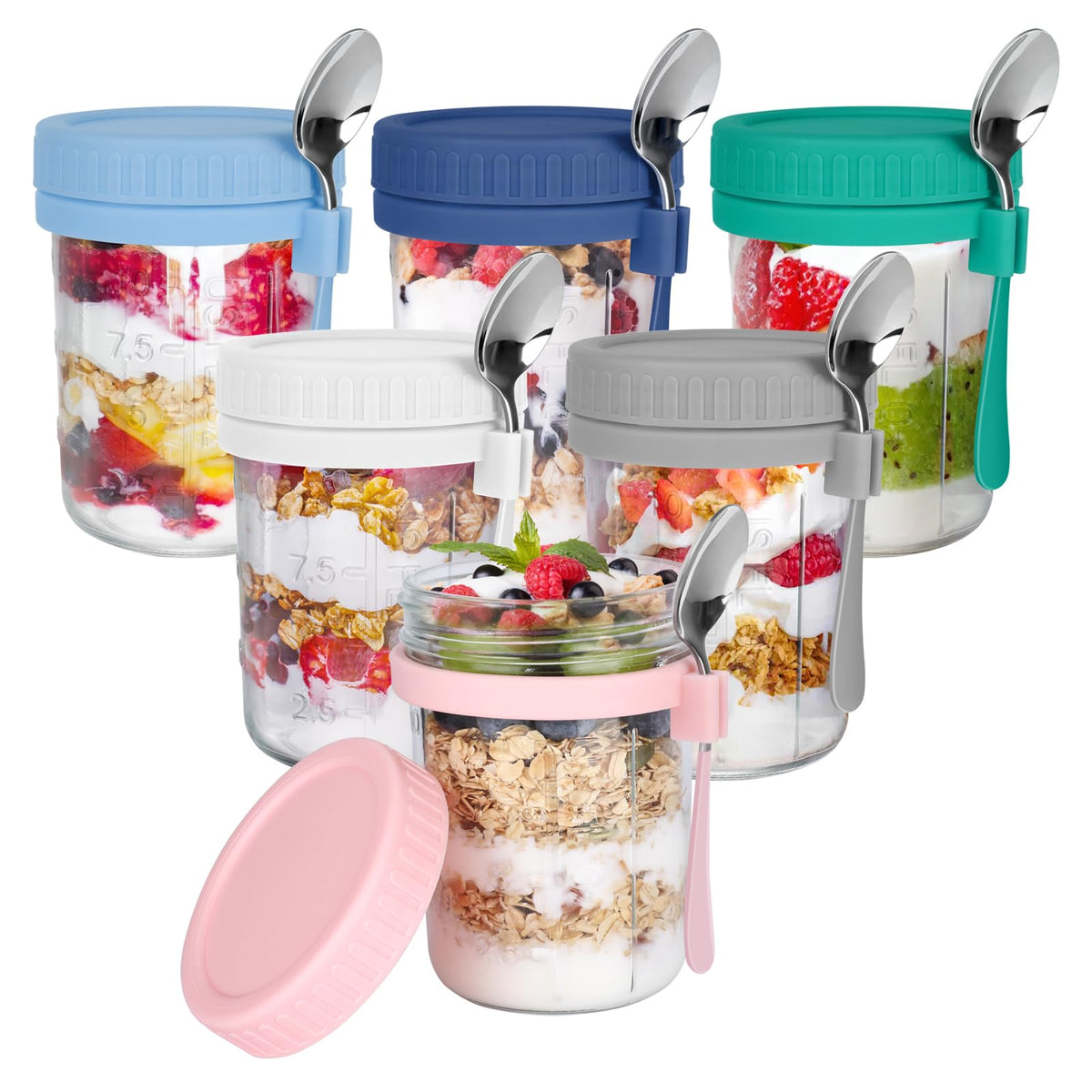 OcePor 6-pack overnight oats containers with lids and spoons for organized meal prep.