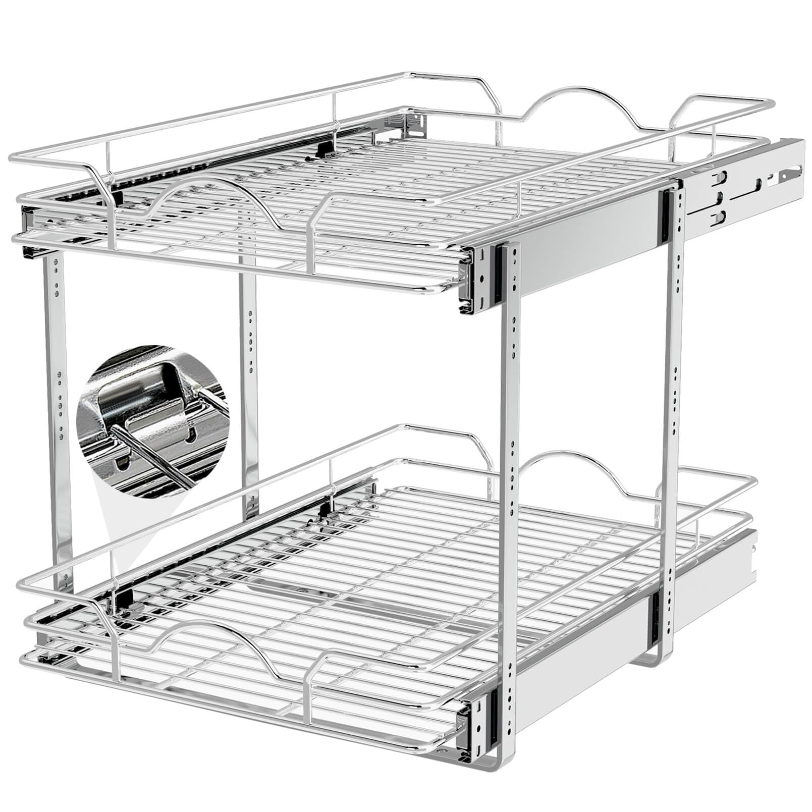 OCG 2-tier pull-out shelves in chrome, front view for easy cabinet access.