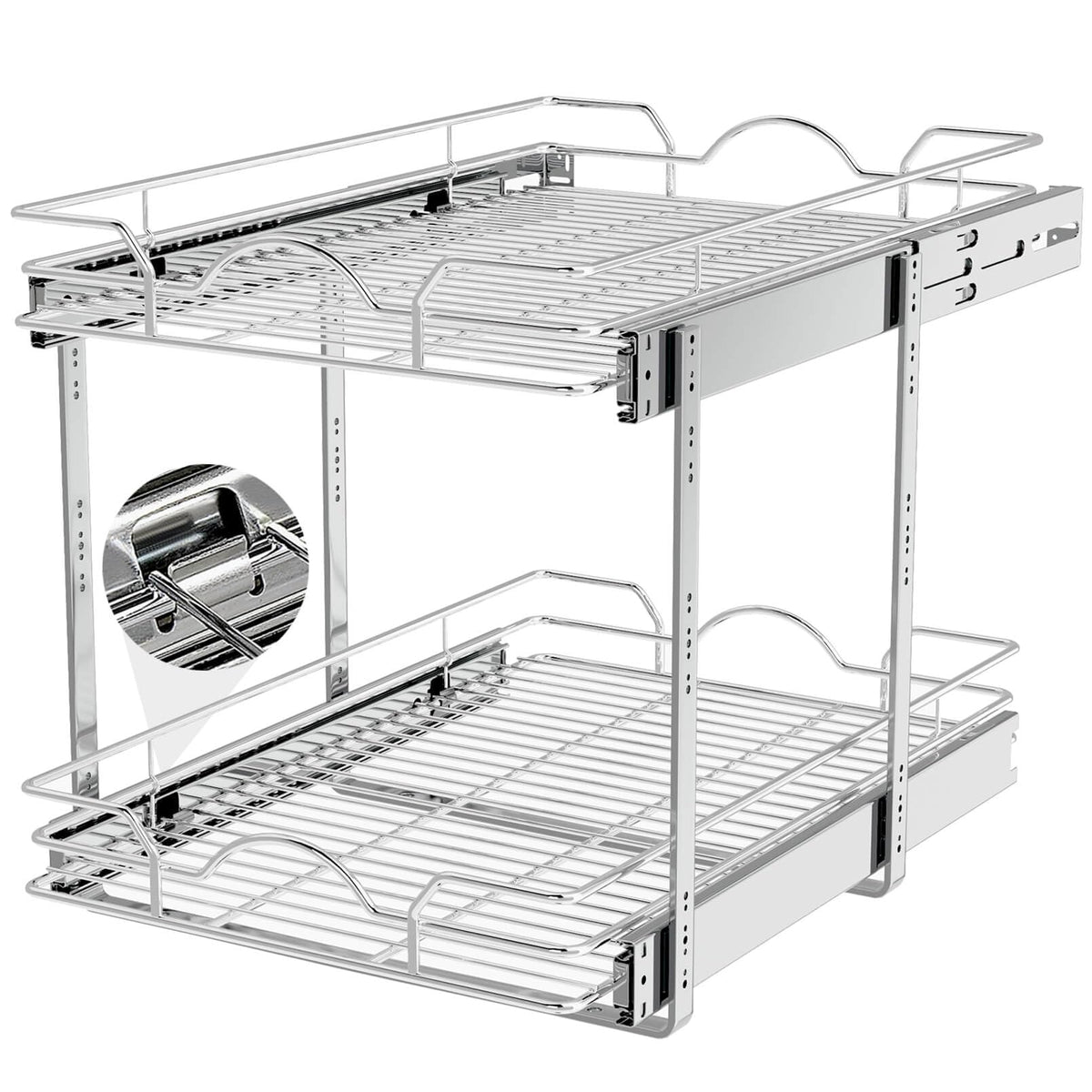 OCG 2-tier pull-out shelves in chrome, front view for easy cabinet access.
