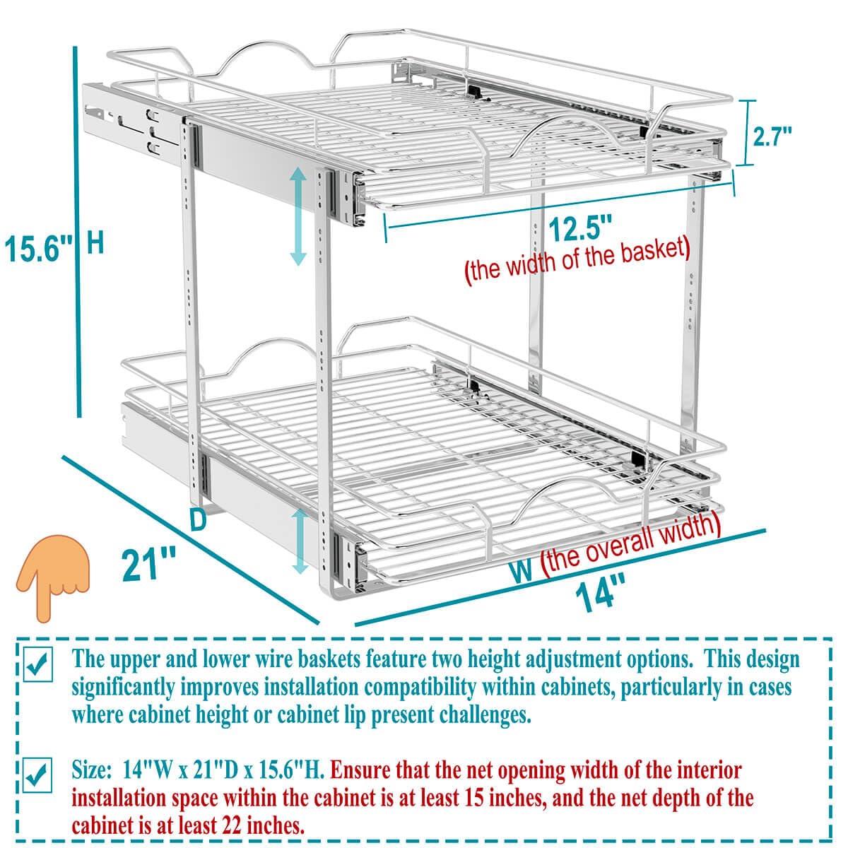 OCG chrome pull-out shelves installed in cabinet improving reach and organization.
