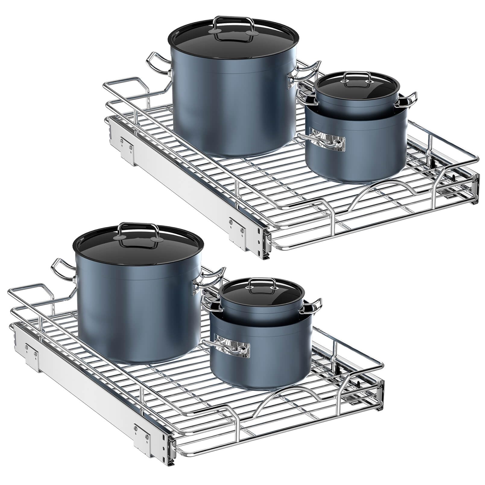 OCG pull-out cabinet organizer two-pack in chrome boosts pantry space and accessibility.