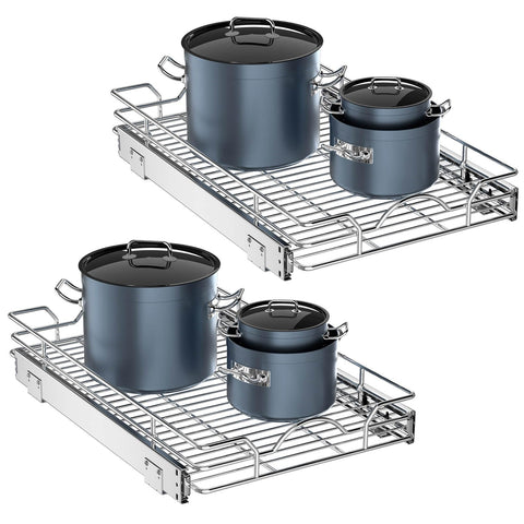 OCG pull-out cabinet organizer two-pack in chrome boosts pantry space and accessibility.