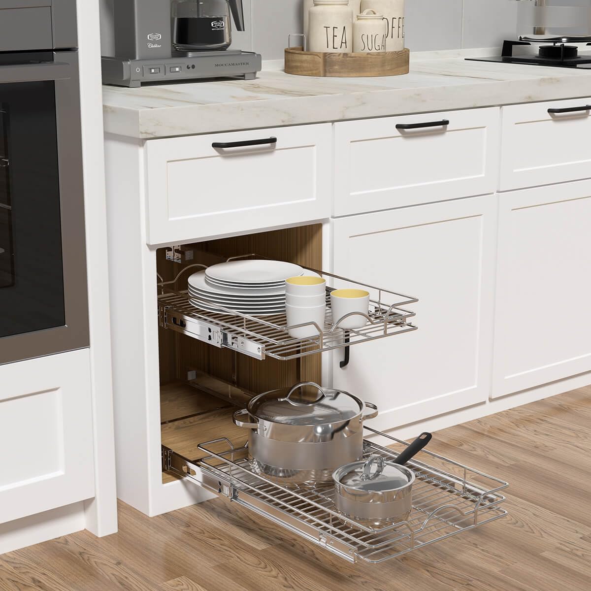 OCG chrome finish pull-out shelves organize kitchen and pantry