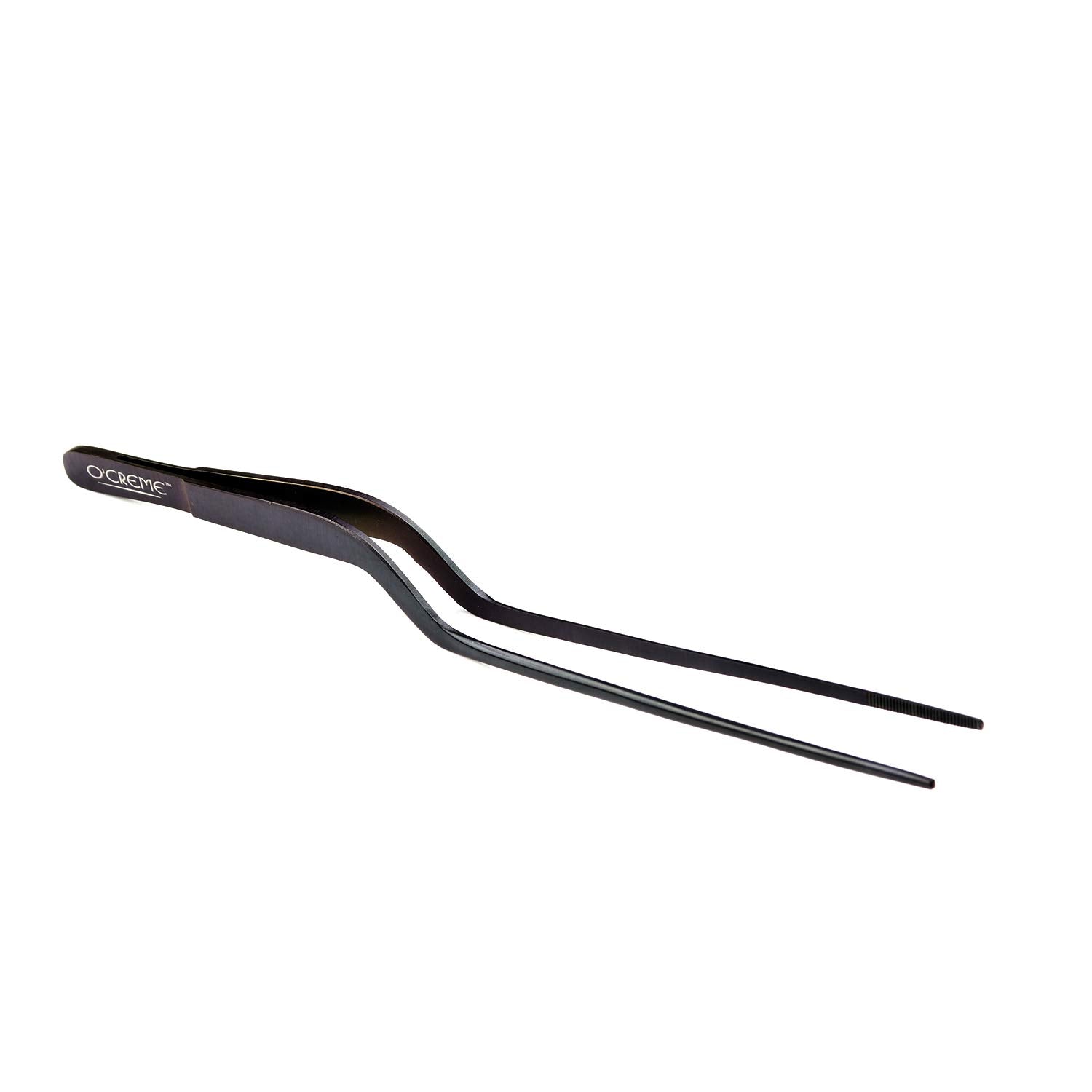 O'CREME 8-inch offset tweezer tongs, front view, ideal for precise plating and delicate foods.