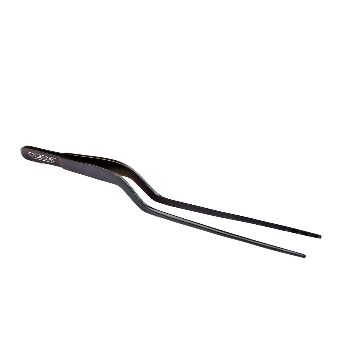 O'CREME 8-inch offset tweezer tongs, front view, ideal for precise plating and delicate foods.