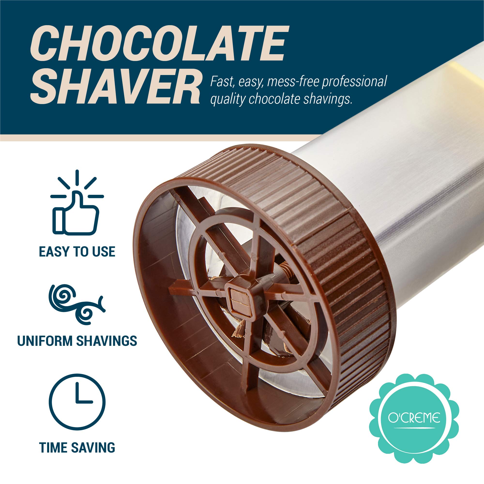 O'Creme chocolate shaver producing uniform shavings for cake decoration.