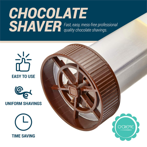O'Creme chocolate shaver producing uniform shavings for cake decoration.