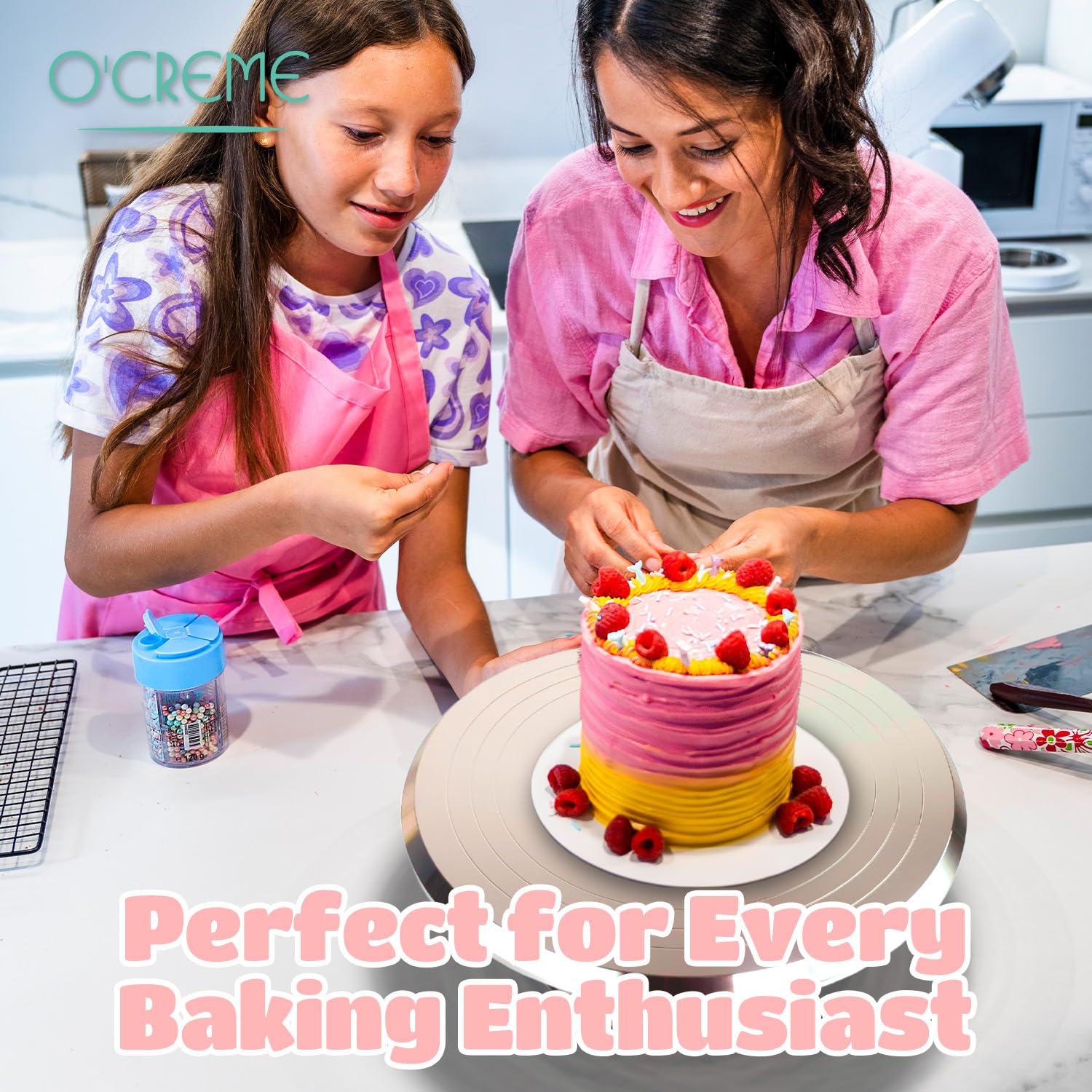 O'CREME cupcake decorating stand supports small confections with steadiness.