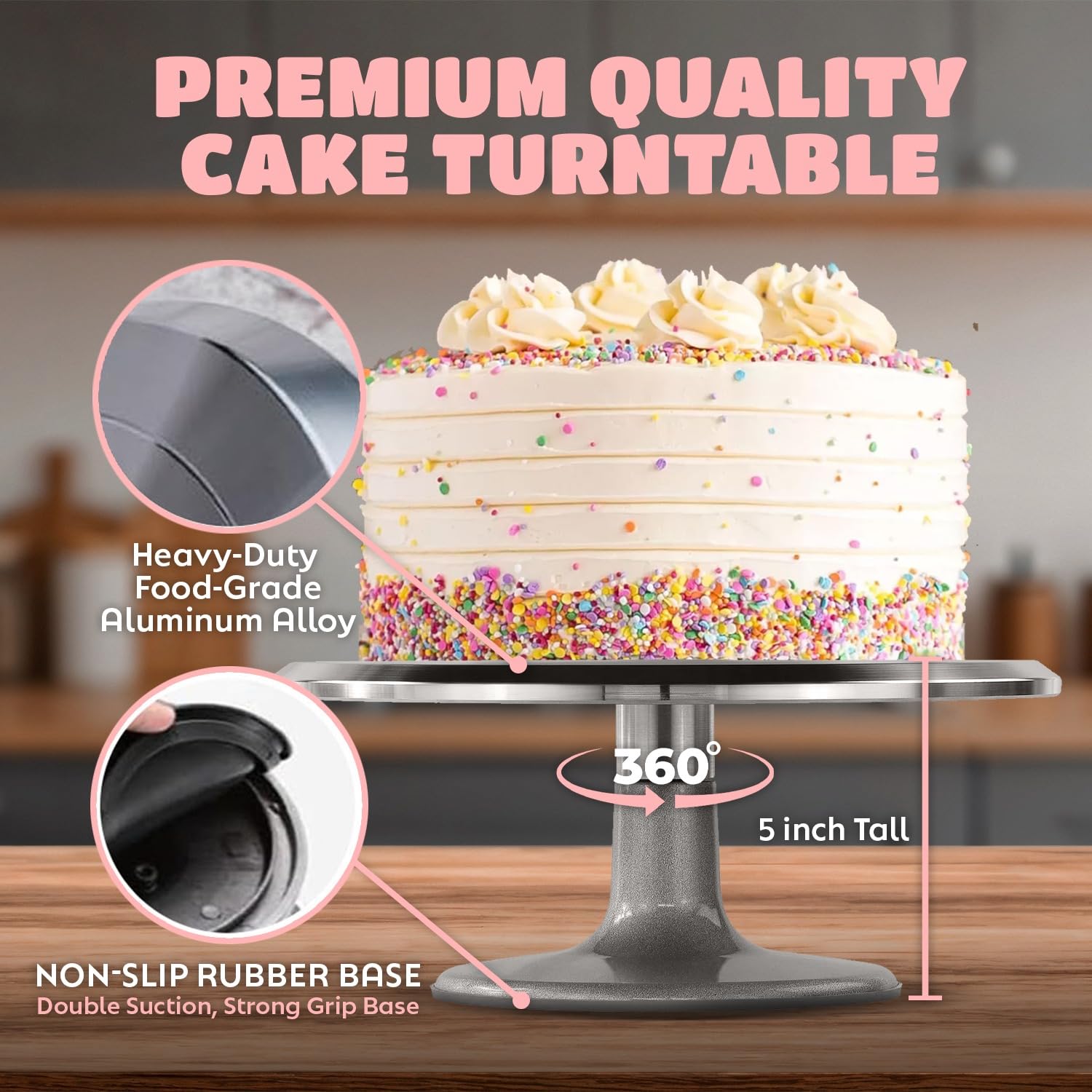 O'CREME non-slip base cake turntable ensures secure decorating.