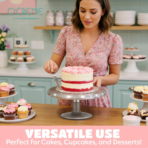 O'CREME wedding birthday display on a turntable showcases desserts attractively.