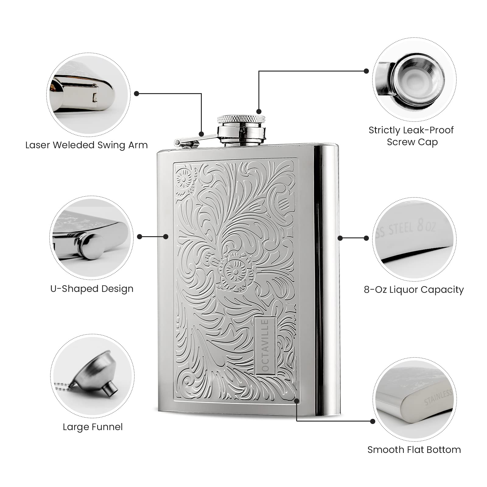 Octaville stainless steel flask with leakproof lid, perfect for outdoor adventures.