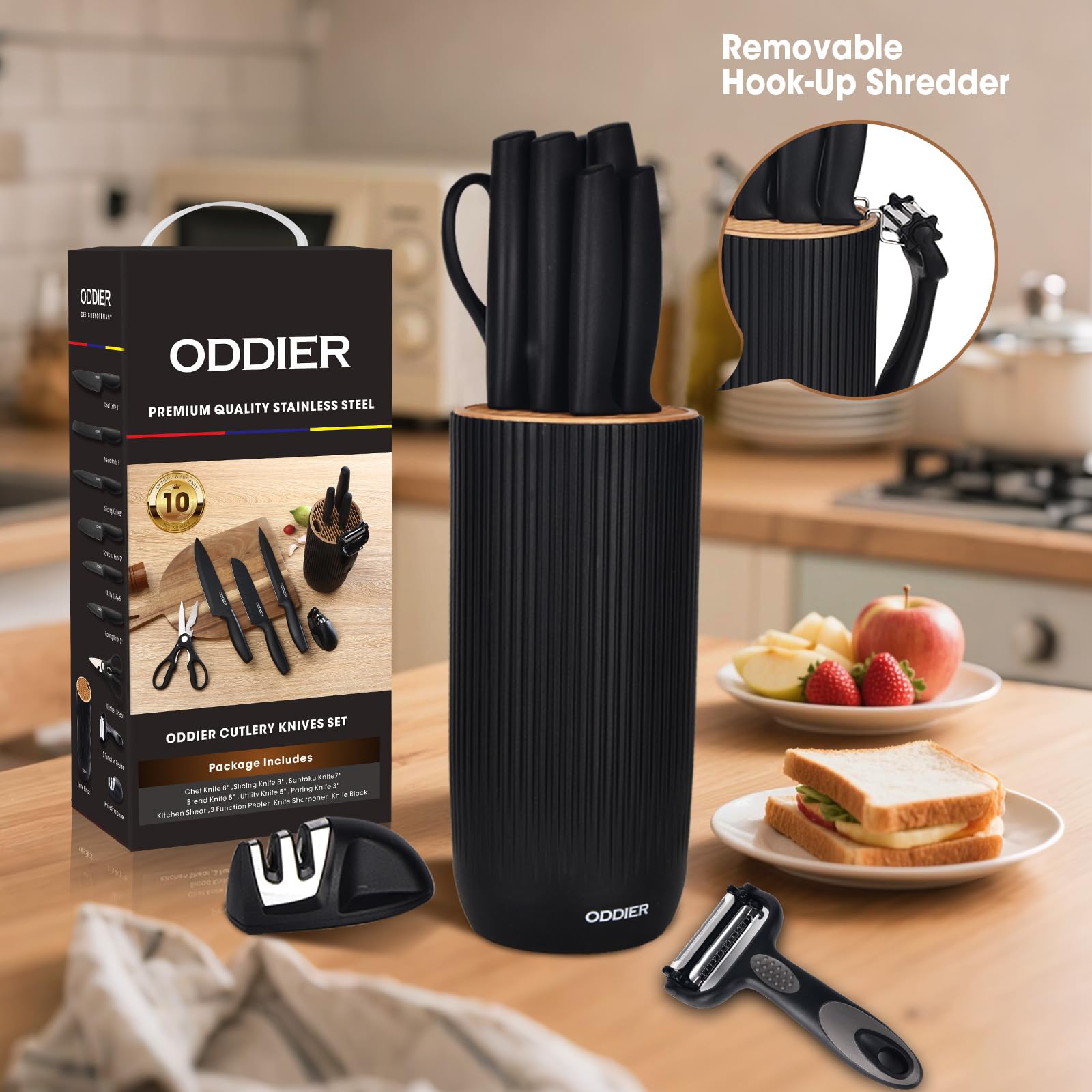 Oddier 8 inch slicing knife close-up for precise cuts.