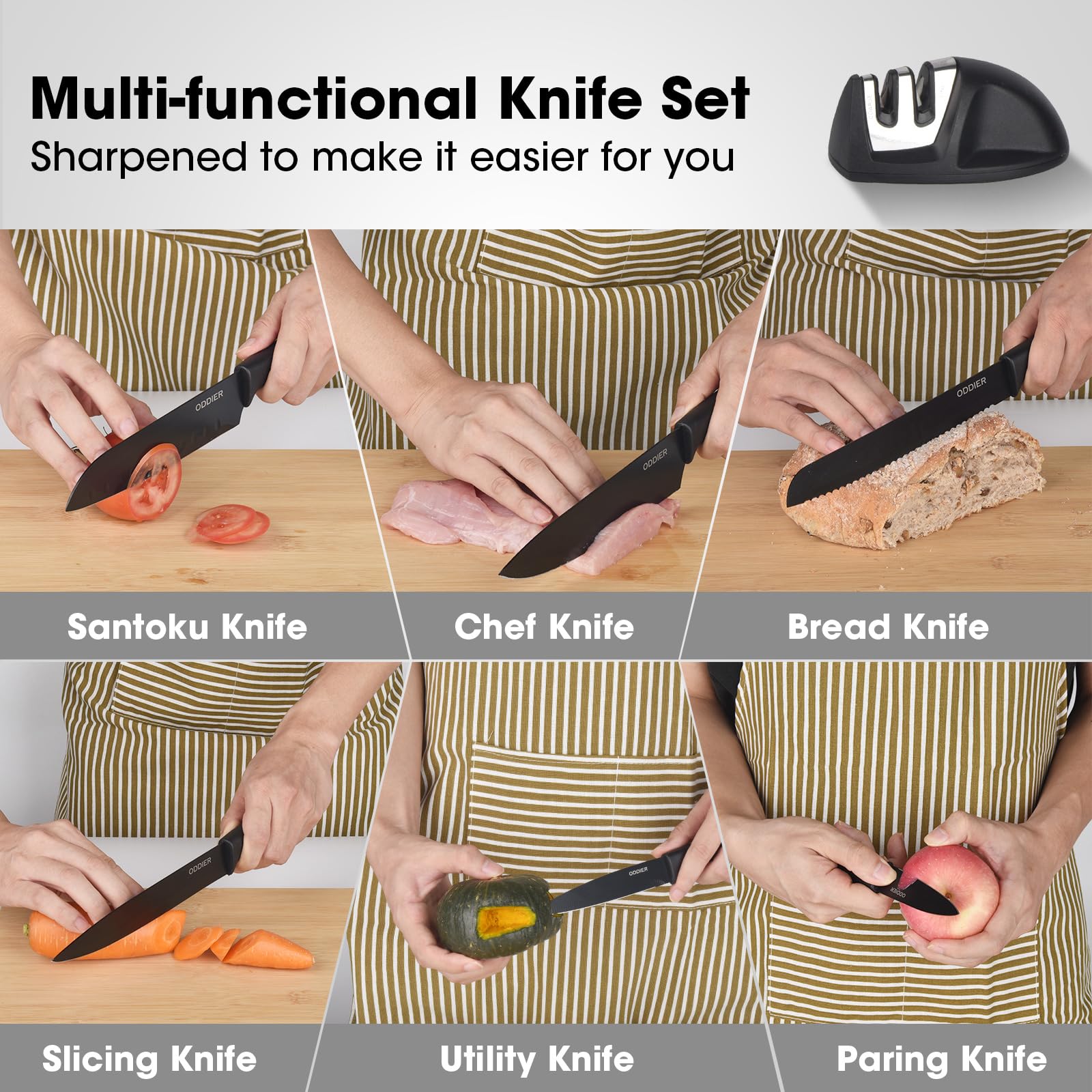 Oddier knife sharpener included for edge maintenance.