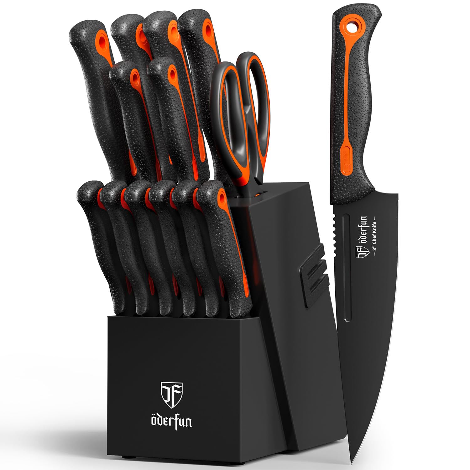 ODERFUN elegant hardwood block provides storage and built-in sharpener.