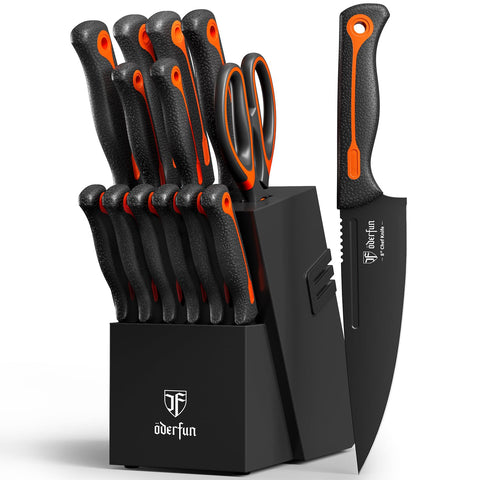 ODERFUN elegant hardwood block provides storage and built-in sharpener.