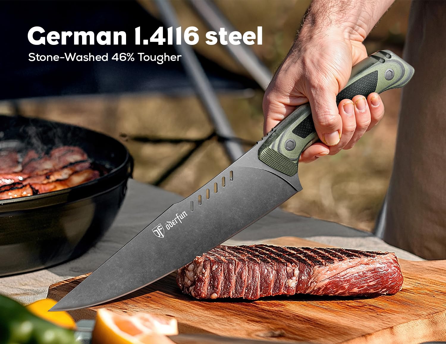 ODERFUN G10 handle texture close-up for an ergonomic grip during outdoor chopping