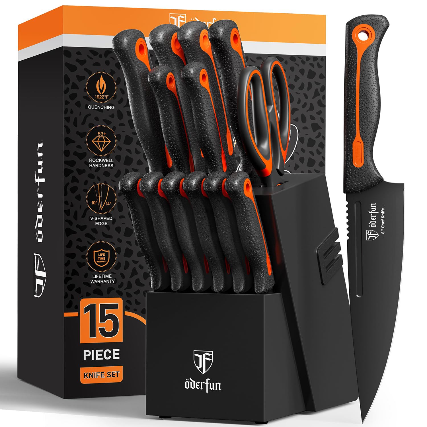 ODERFUN knife block set with dishwasher-safe blades for easy cleanup.