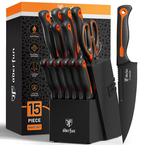 ODERFUN knife block set with dishwasher-safe blades for easy cleanup.
