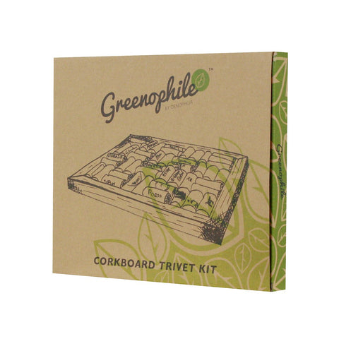 Oenophilia bamboo corkboard trivet assembly showing DIY setup for a personalized kitchen accessory.