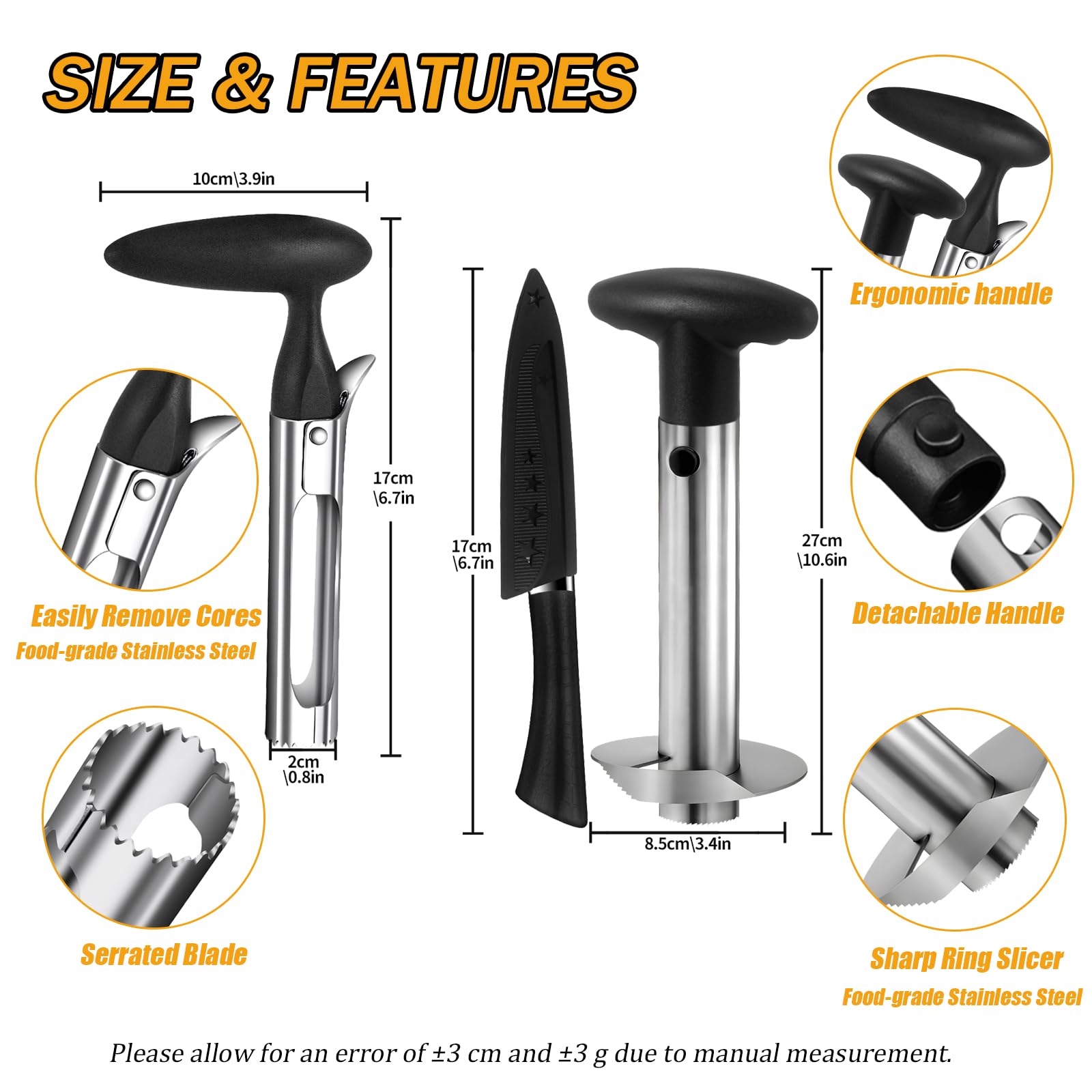 Close-up of OERPHO pineapple core remover blade for clean cores.