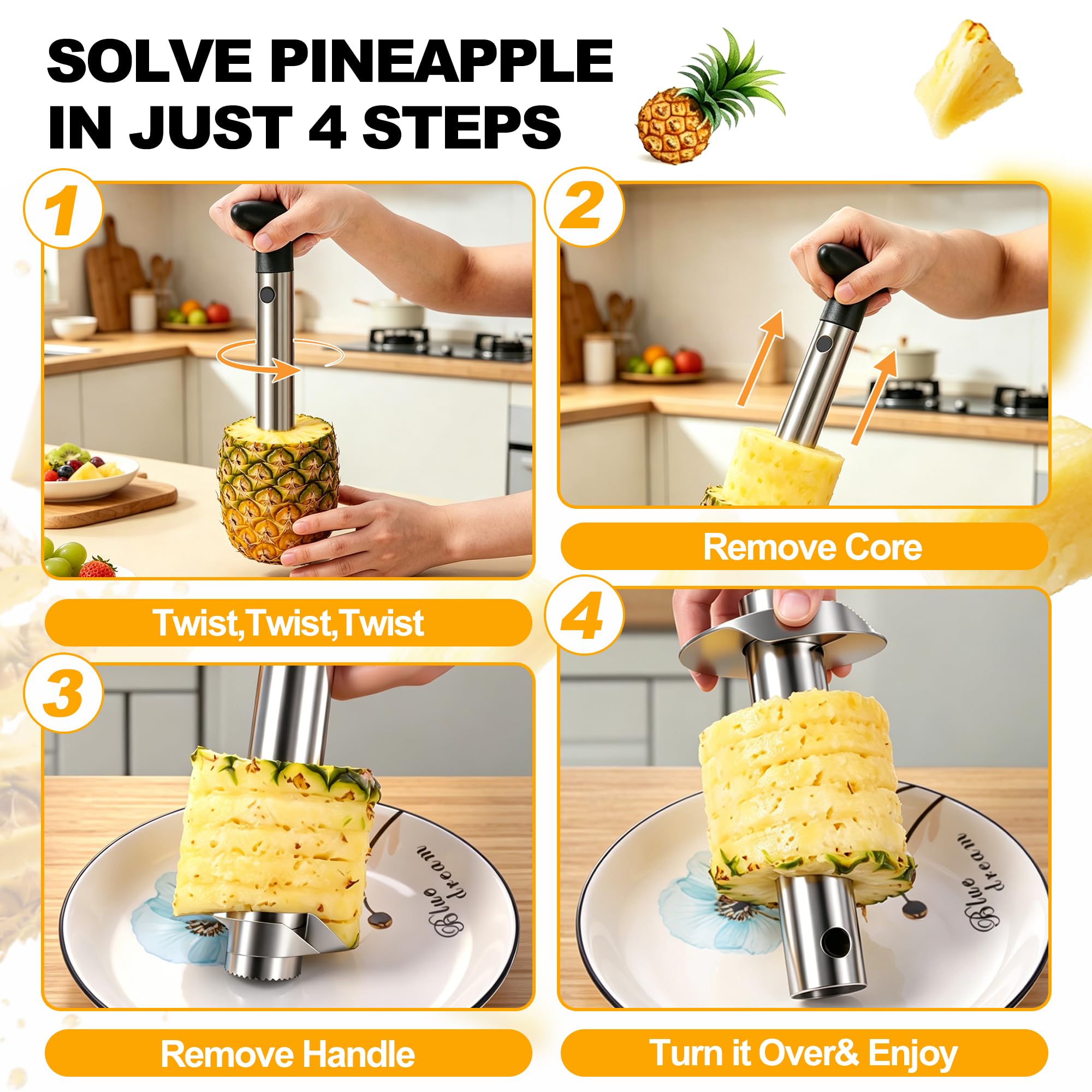 OERPHO pineapple slicer blade close-up showing sharp precision.