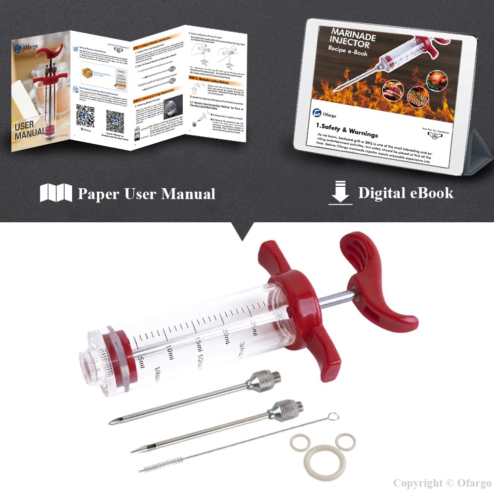 Ofargo dishwasher-safe injector shown in ergonomic one-handed use.