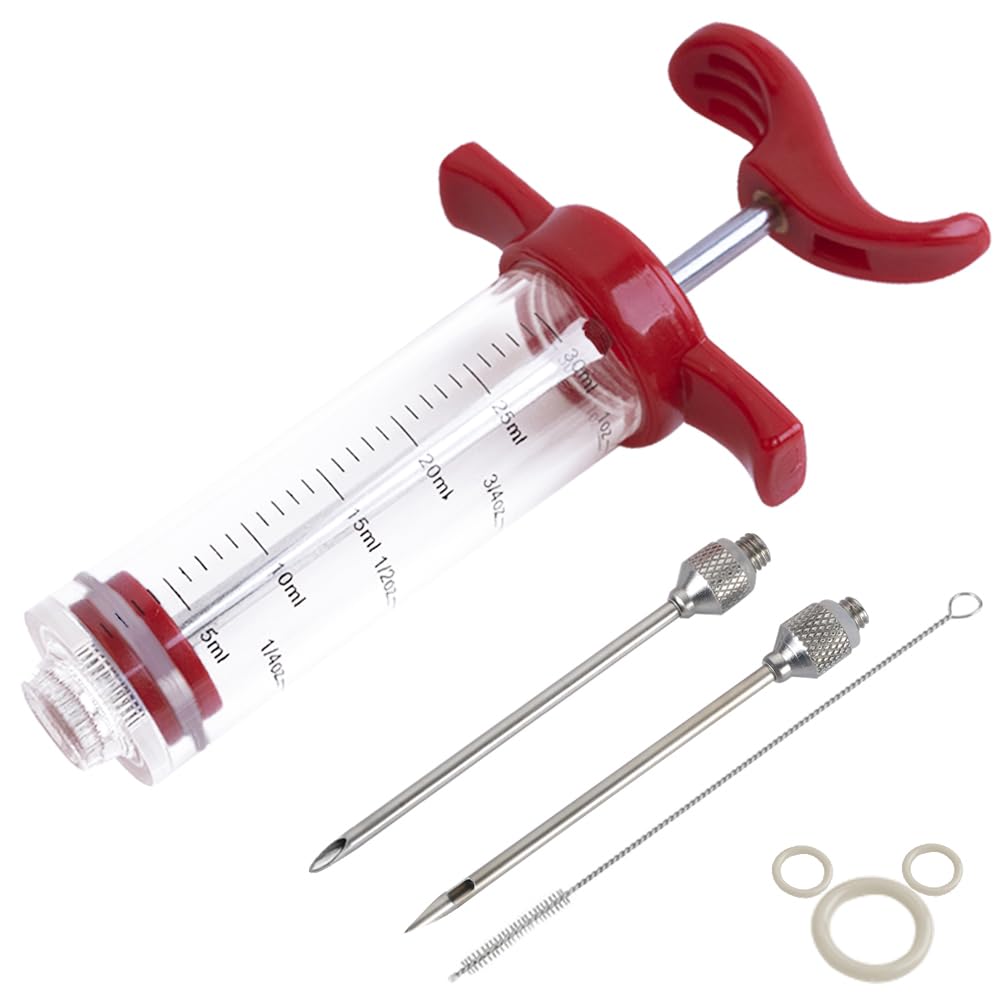 Ofargo plastic marinade injector syringe with red barrel for precise meat seasoning.