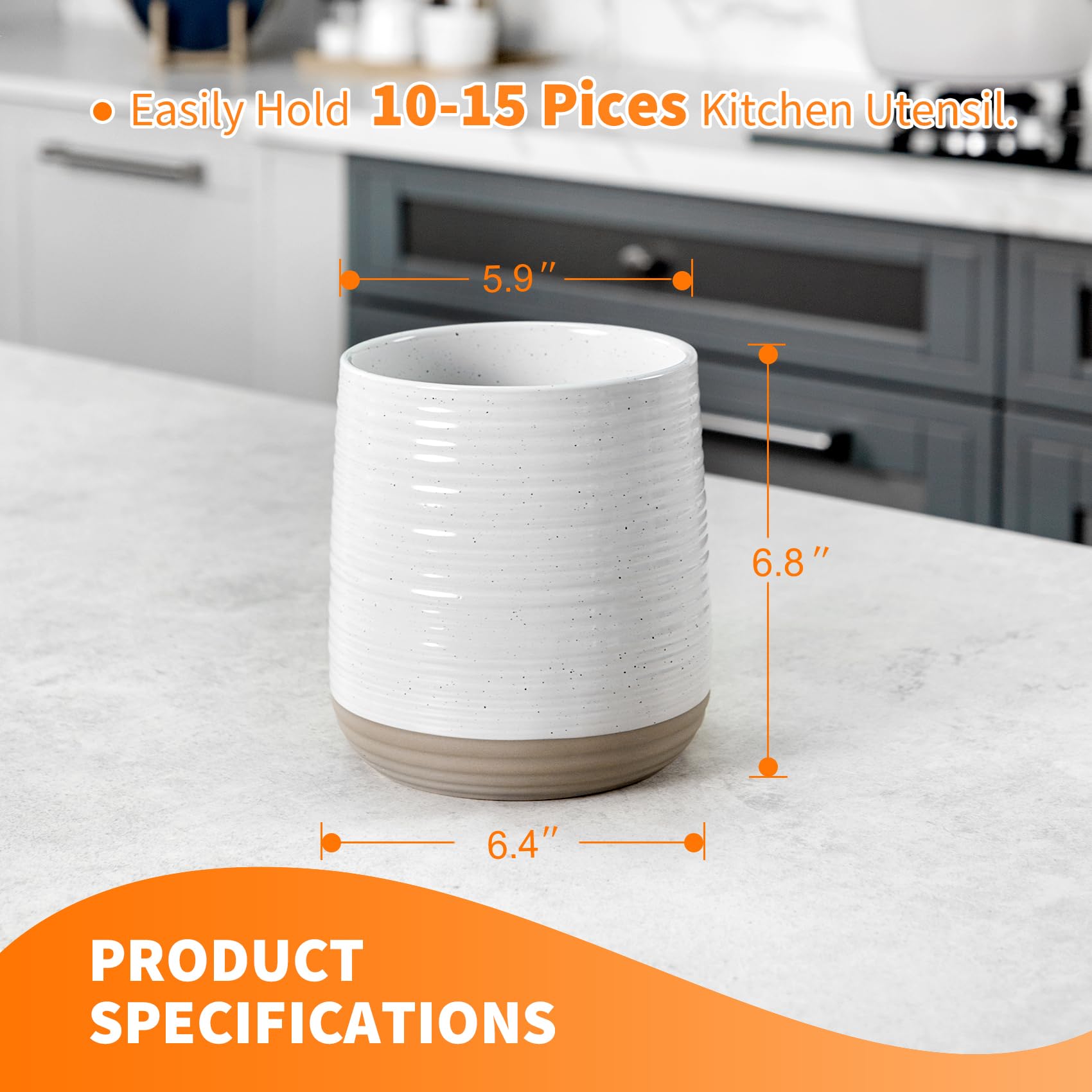 Officepal 6.8-inch utensil crock with sesame glaze supports easy access.