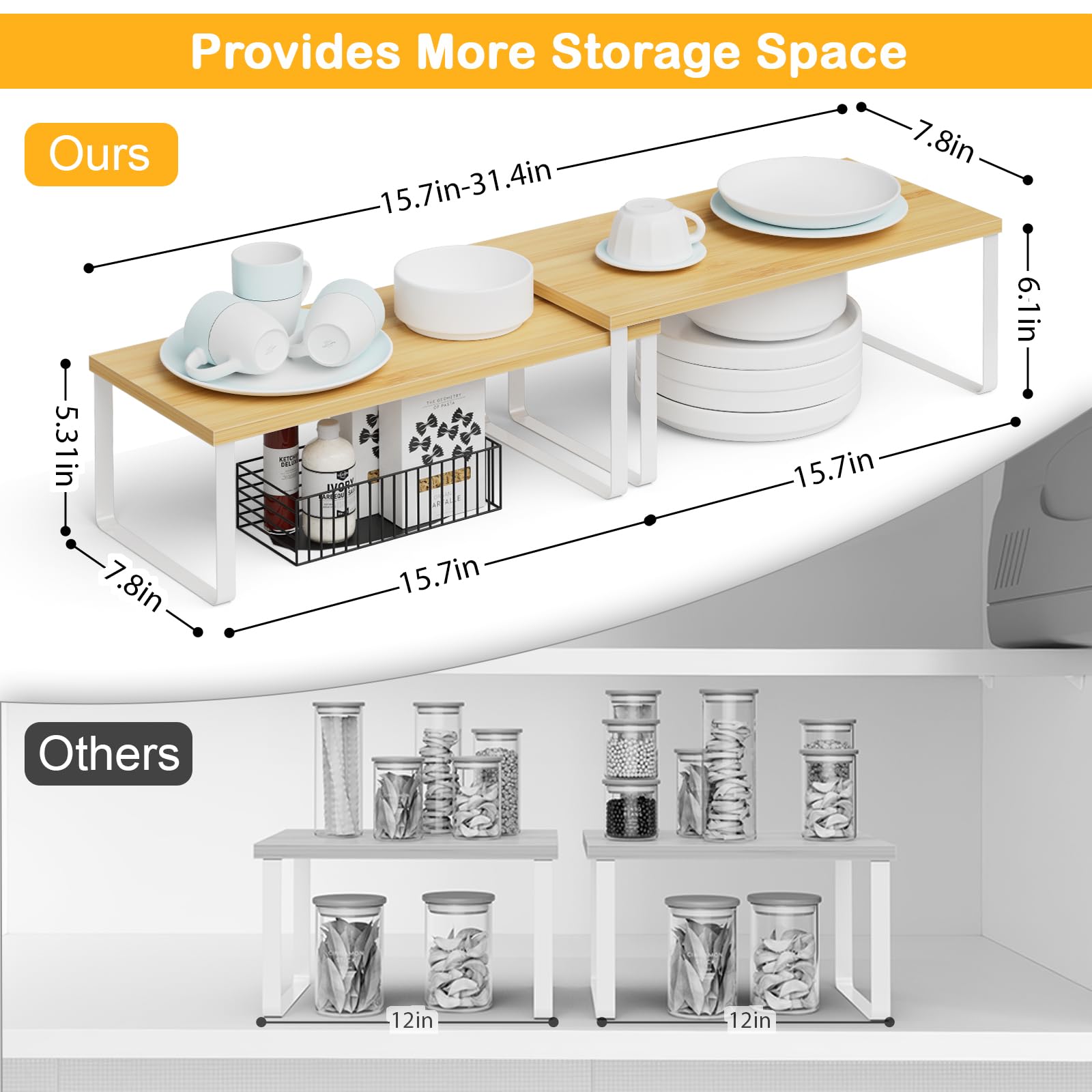OGEMXU four-piece wood shelf set arranged in a cabinet for versatile storage